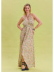 V Neck Backless Halter Neck Beige Floral Dress 4656
